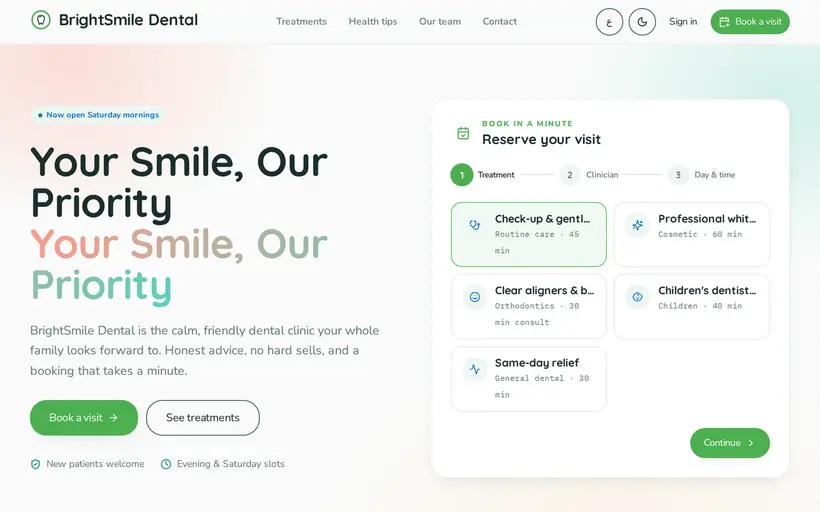 A generated site for BrightSmile Dental, a dental clinic in Maadi.