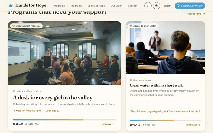 A generated site for Hands for Hope, a non-profit in Cairo.