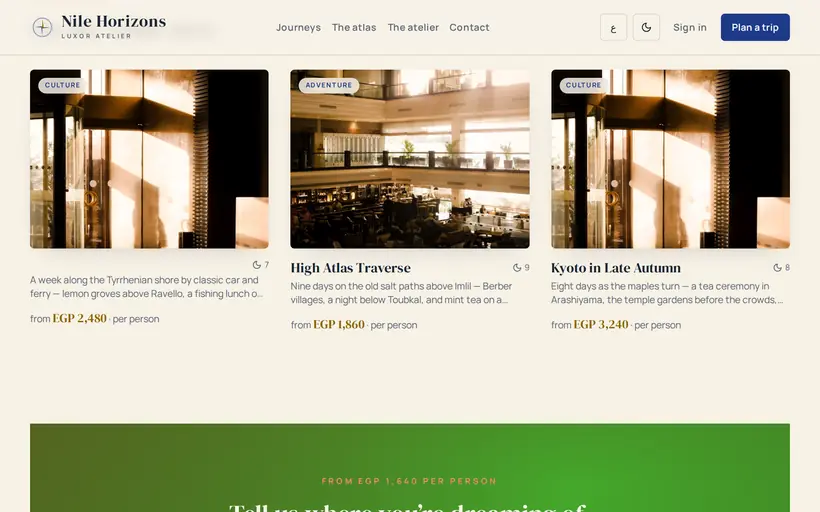 A generated site for Nile Horizons, a travel agency in Luxor.