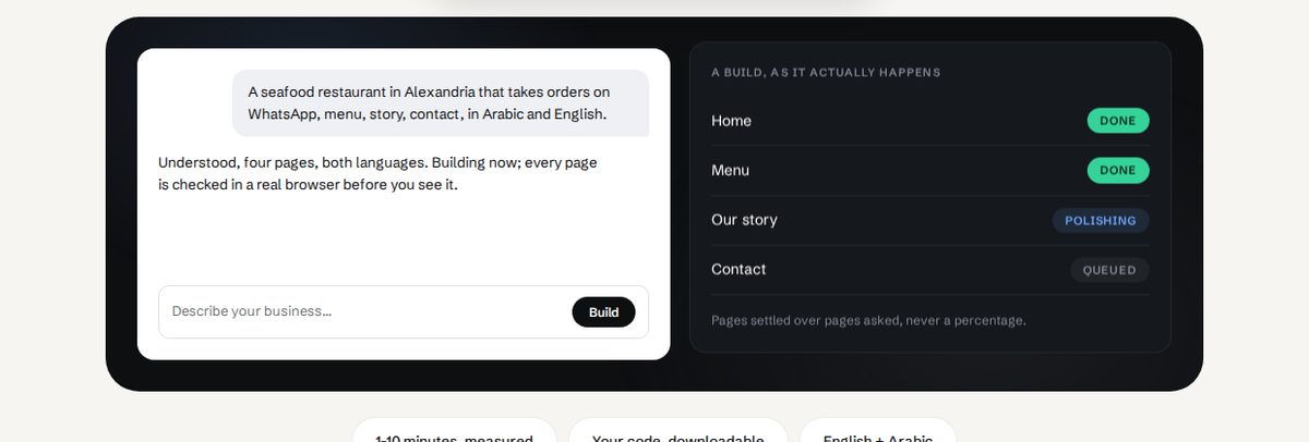Boosta mid-build: a prompt describing a seafood restaurant in Alexandria, and a panel listing each page as it settles, marked done, polishing or queued.