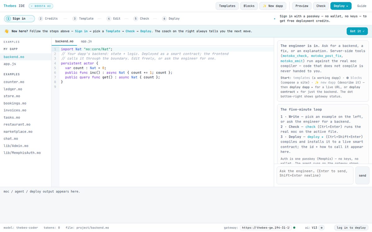 The Thebes panel: a six-step deploy flow, a Motoko editor with examples, and an assistant panel.